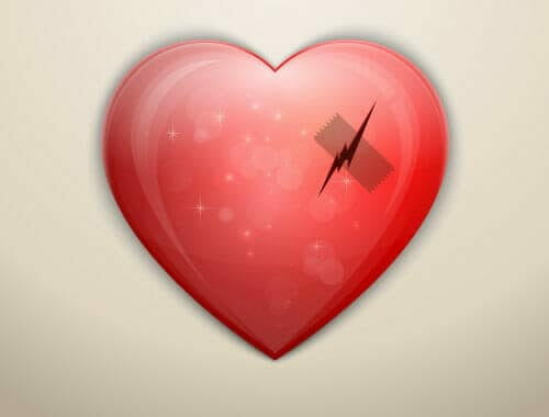 Red heart with a crack held together by a bandage, symbolizing emotional strain and healing