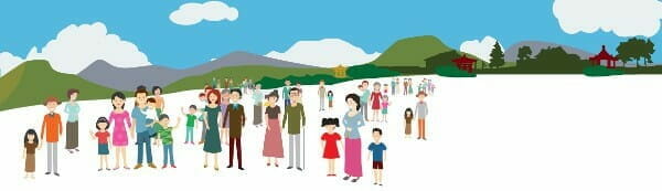 Illustration of a diverse crowd of people of all ages standing together in a village landscape