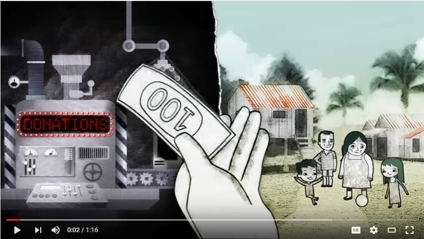 Animated video contrasting a donation-processing machine with a family living in a village, illustrating the message to support families, not orphanages