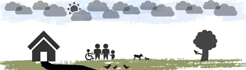 Illustration of a family, including a member using a wheelchair, standing together near a house, tree, and animals
