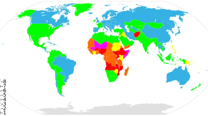 World map color-coded by index level, showing lowest scores concentrated across sub-Saharan Africa and parts of the Middle East